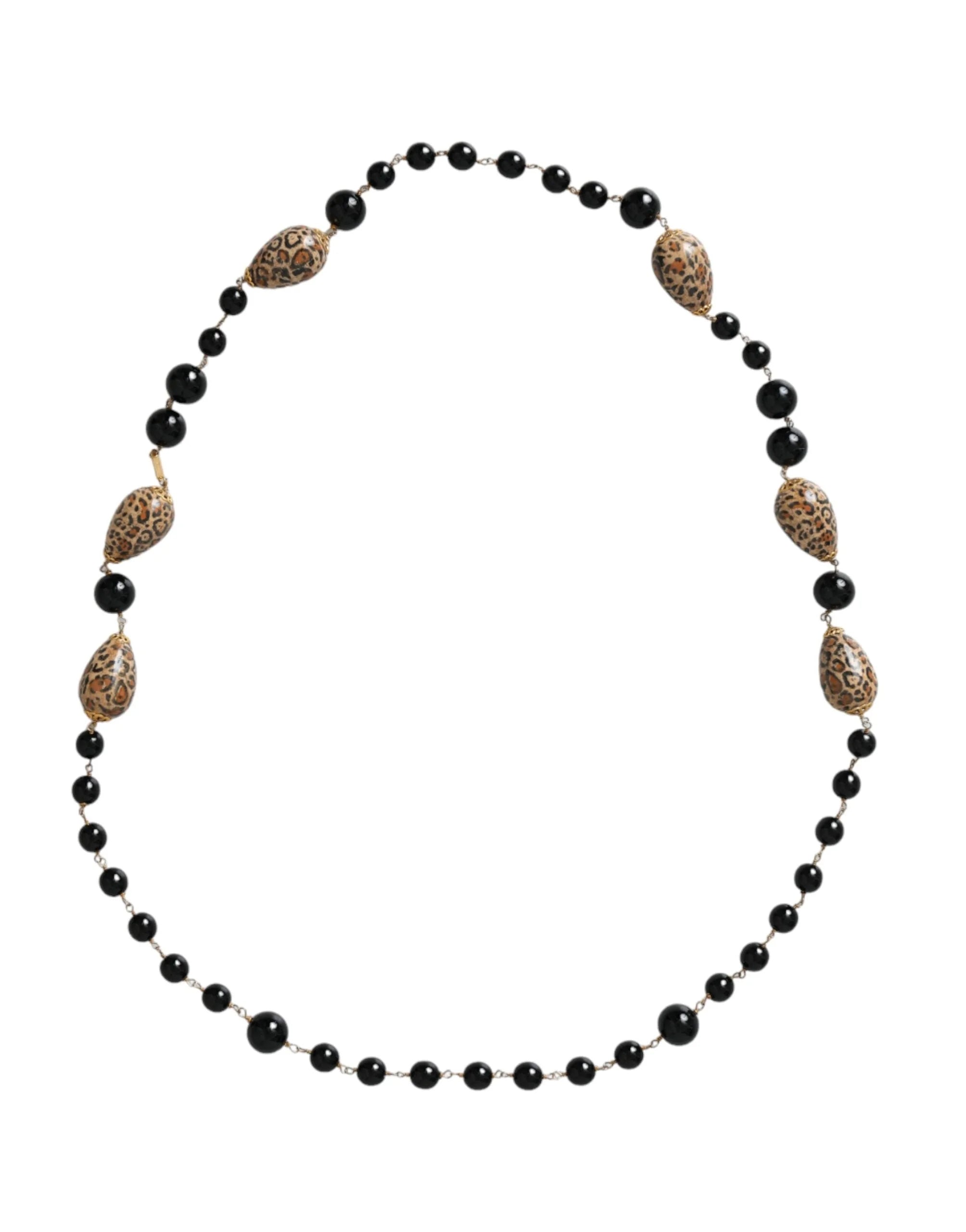 Dolce & Gabbana Gold Tone Brass Black Printed Beaded Long Chain Necklace - Necklaces