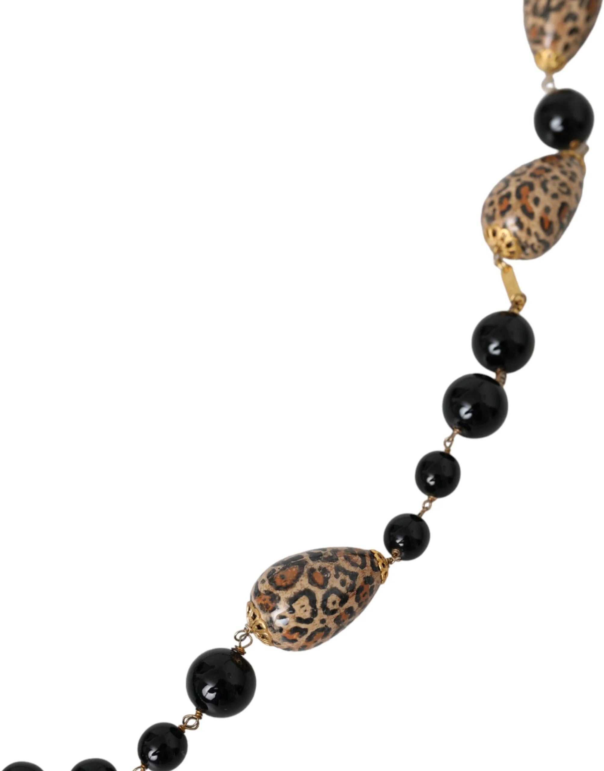 Dolce & Gabbana Gold Tone Brass Black Printed Beaded Long Chain Necklace - Necklaces