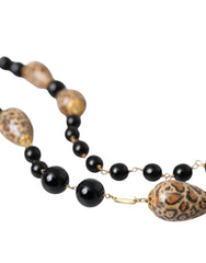 Dolce & Gabbana Gold Tone Brass Black Printed Beaded Long Chain Necklace - Necklaces