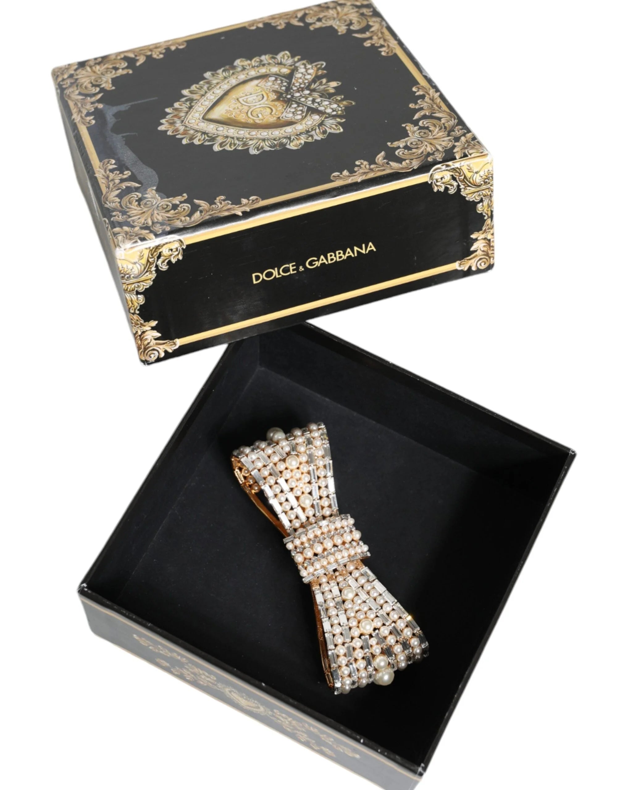 Dolce & Gabbana Gold Tone Brass Bow Crystal FauxPearl Embellished Brooch - Brooches & Lapel Pins