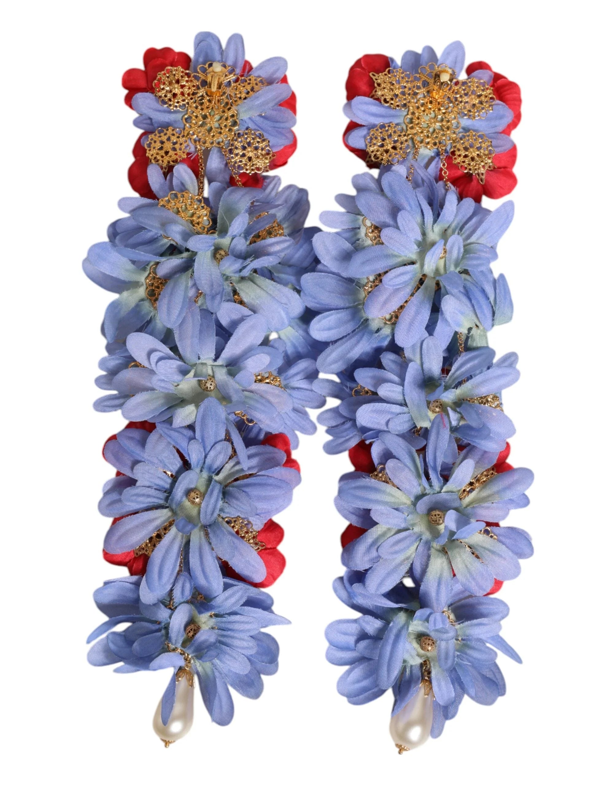 Dolce & Gabbana Gold Tone Brass Floral Crystal Clip On Dangling Earrings - Earrings