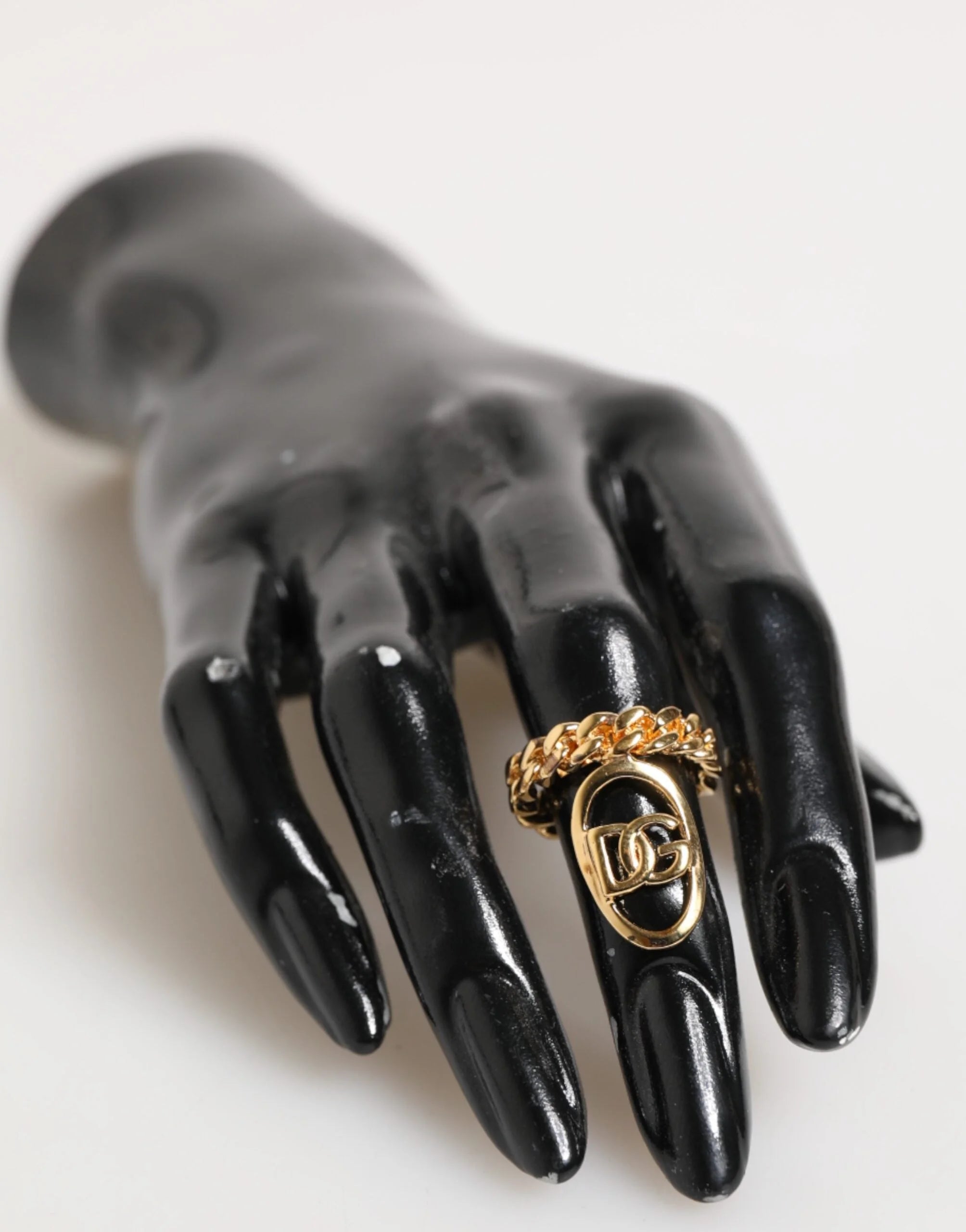 Dolce & Gabbana Gold Tone Brass Oval DG Logo Chain Adjustable Ring - Rings