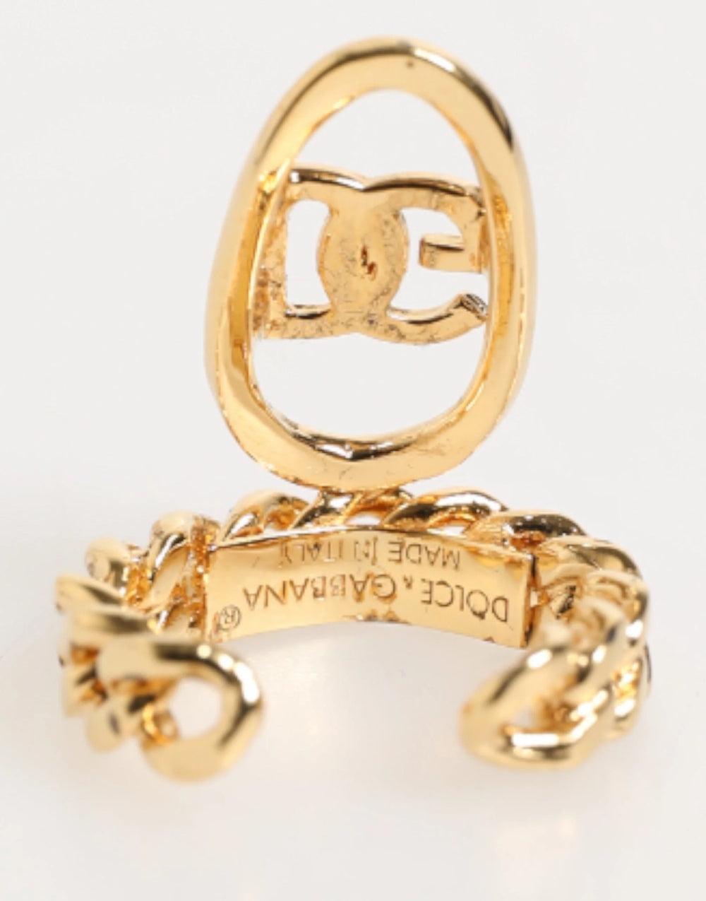 Dolce & Gabbana Gold Tone Brass Oval DG Logo Chain Adjustable Ring - Rings