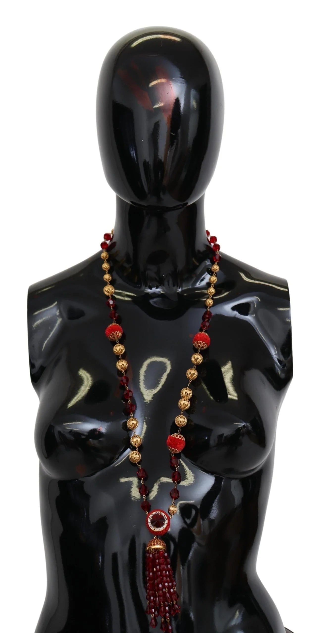 Dolce & Gabbana Gold Tone Brass Red Crystals Pendant Opera Chain Necklace