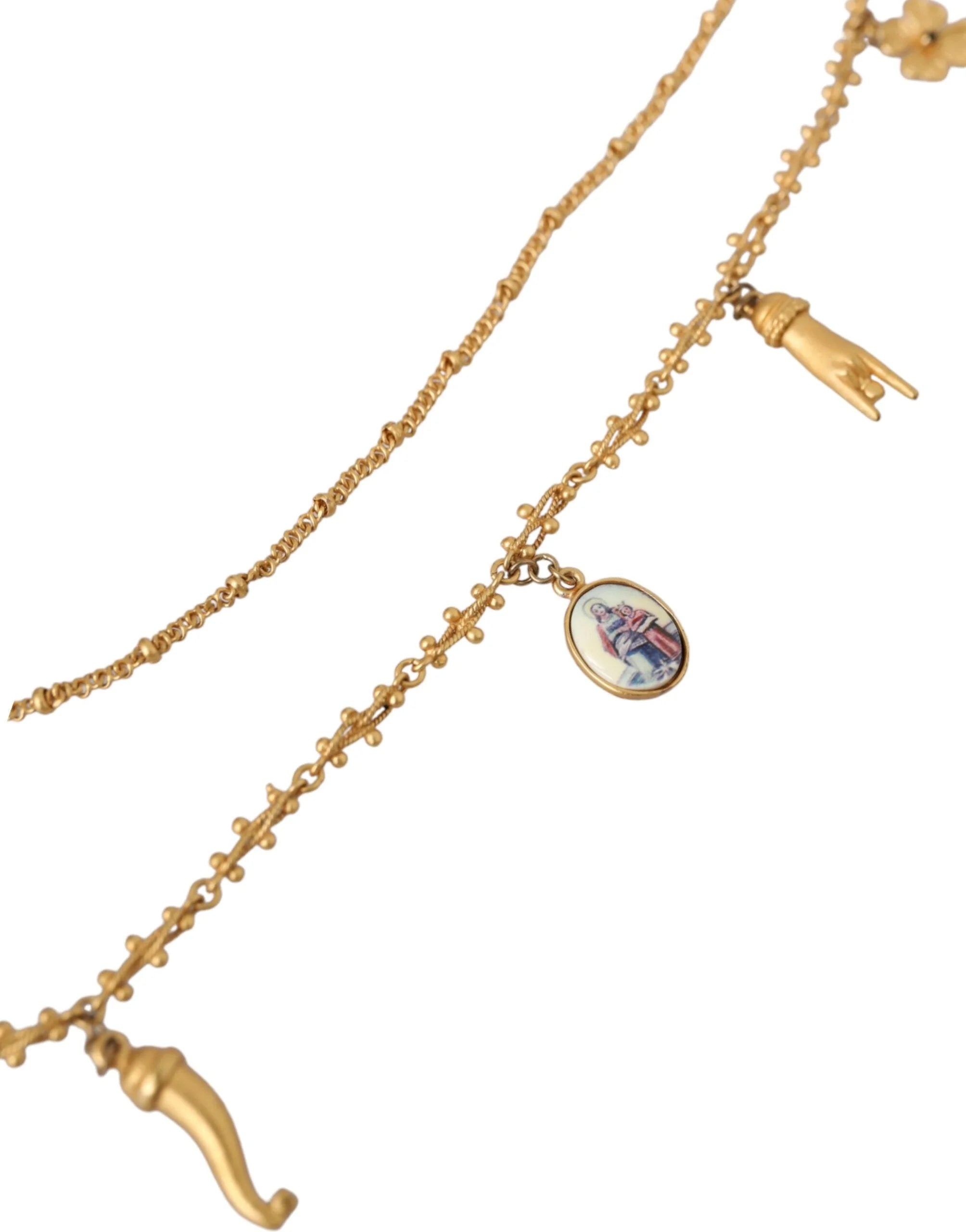 Dolce & Gabbana Gold Tone Chain Brass Charm Statement Sicily Necklace - Necklaces