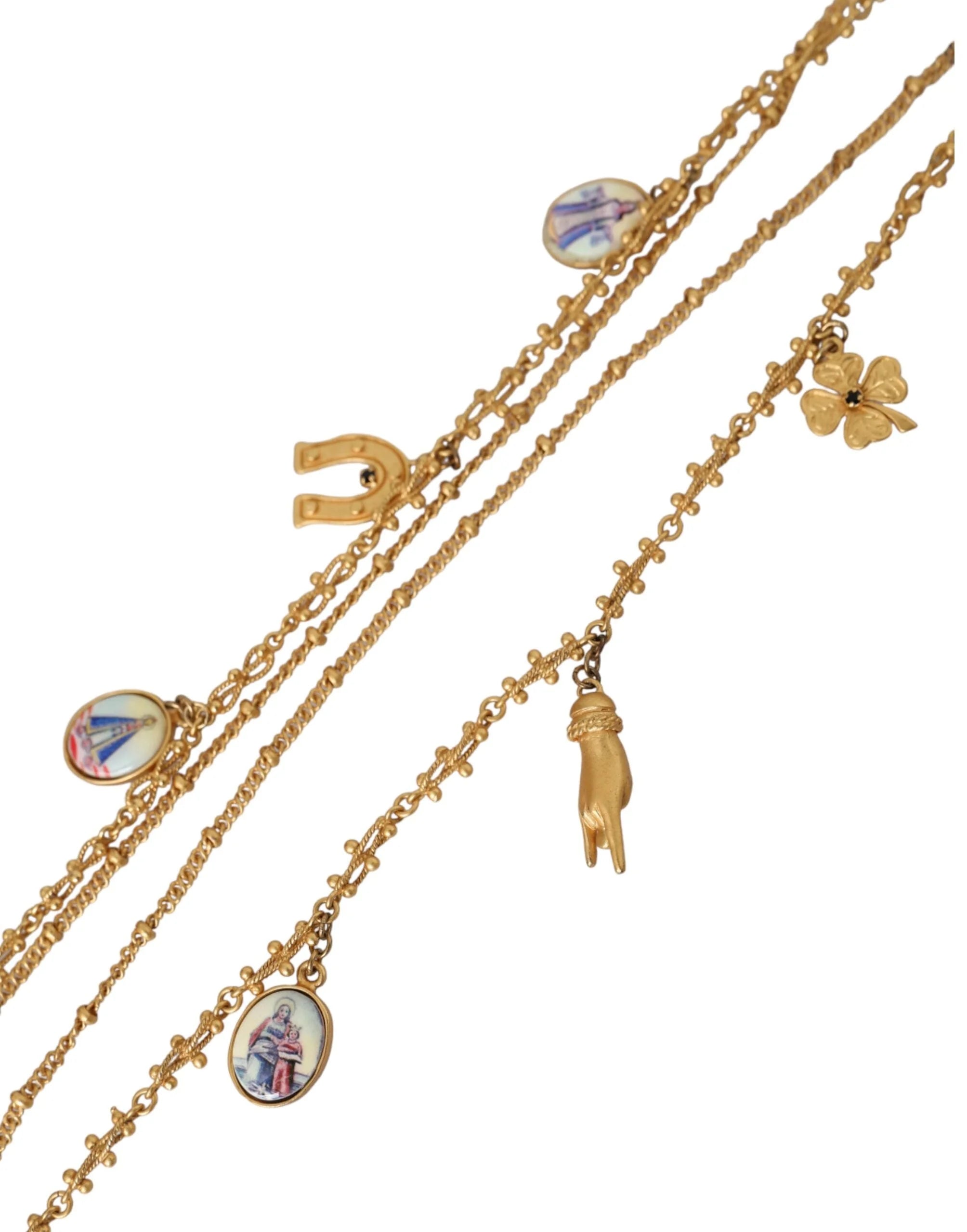 Dolce & Gabbana Gold Tone Chain Brass Charm Statement Sicily Necklace - Necklaces