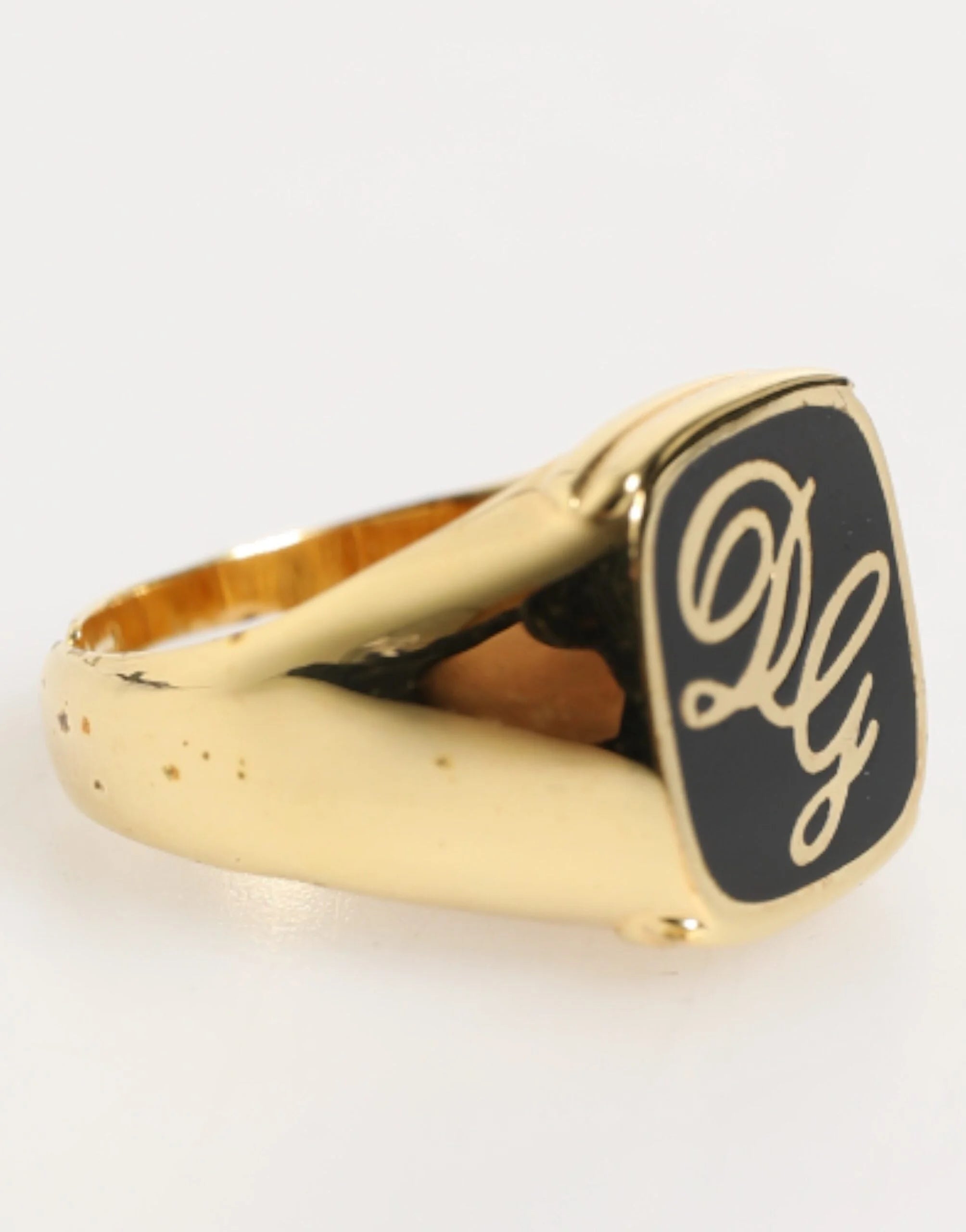 Dolce & Gabbana Gold Tone Enamel Brass Signet DG Logo Adjustable Ring - Rings