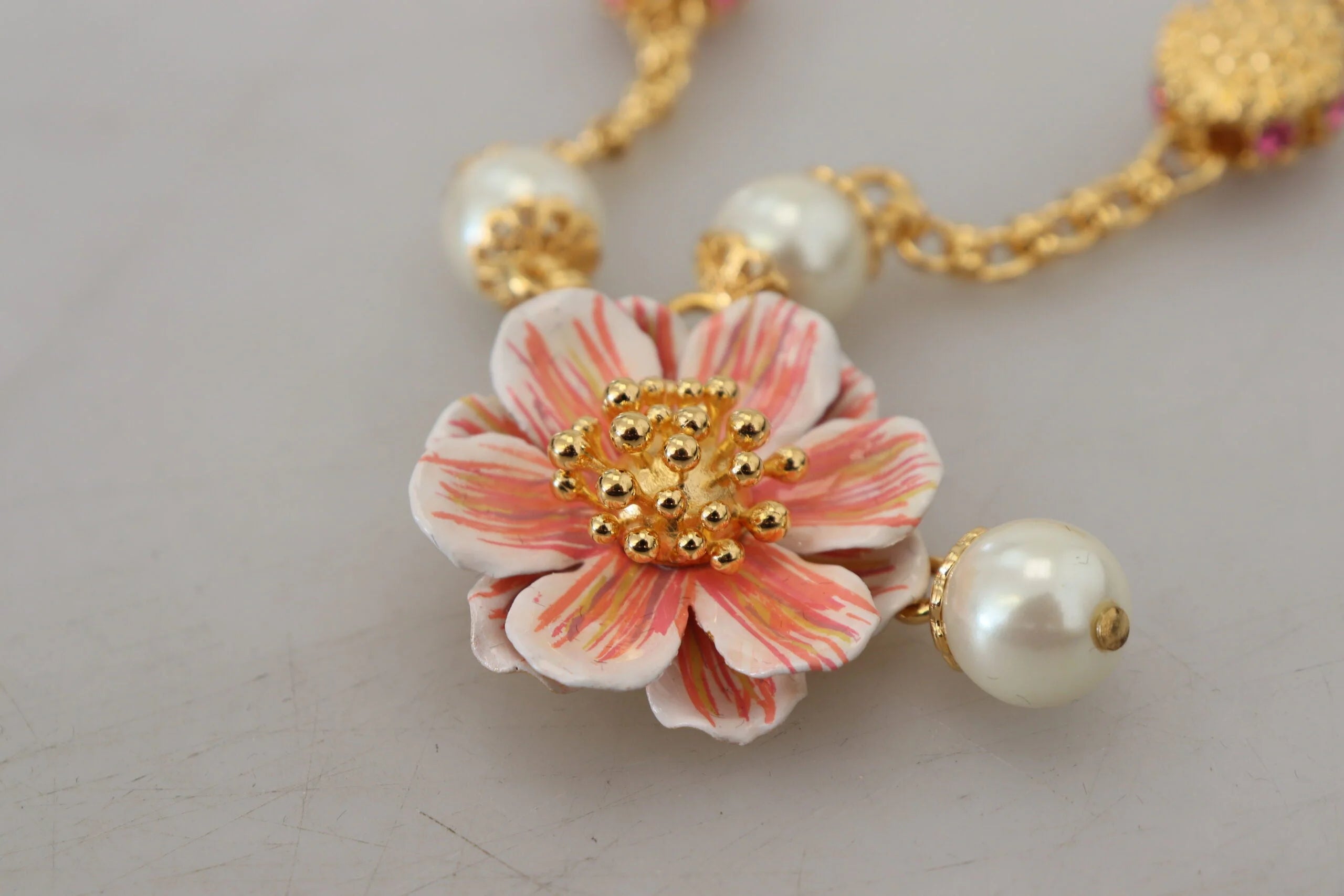 Dolce & Gabbana Gold Tone Floral Crystals Pink Embellished Necklace - Necklaces