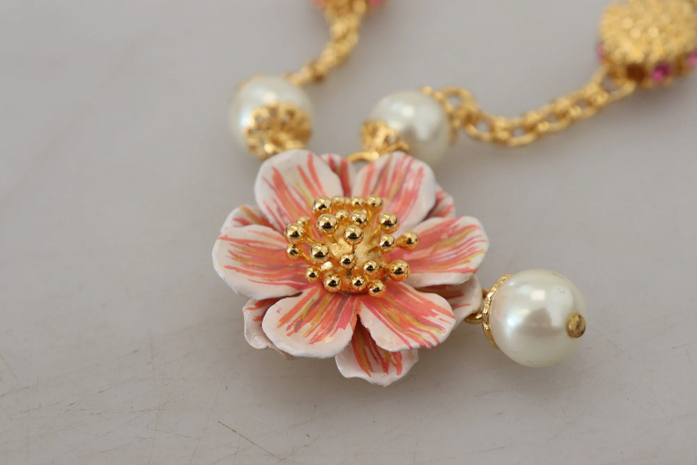 Dolce & Gabbana Gold Tone Floral Crystals Pink Embellished Necklace - Necklaces