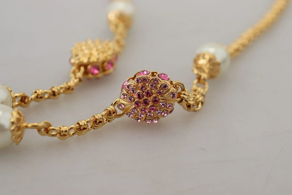 Dolce & Gabbana Gold Tone Floral Crystals Pink Embellished Necklace - Necklaces