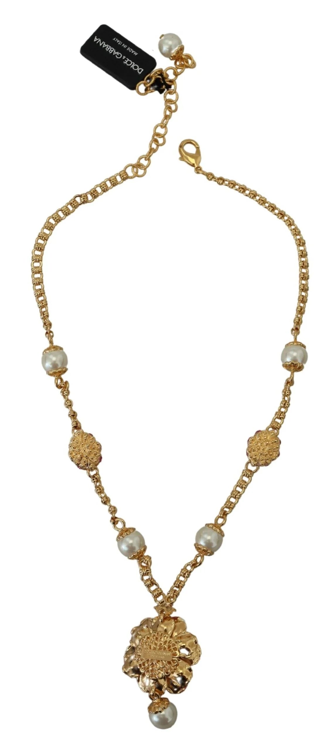 Dolce & Gabbana Gold Tone Floral Crystals Pink Embellished Necklace - Necklaces