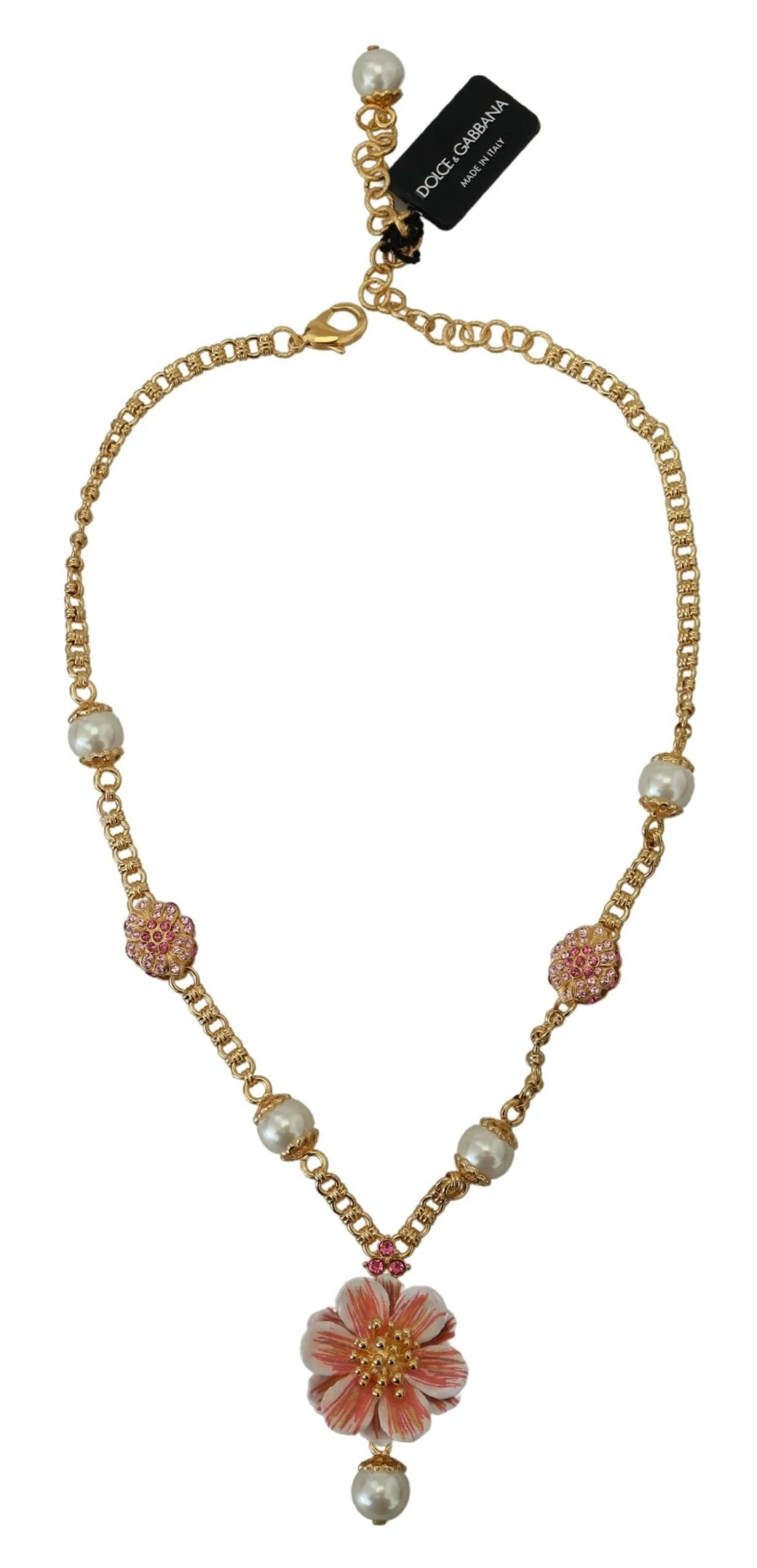 Dolce & Gabbana Gold Tone Floral Crystals Pink Embellished Necklace - Necklaces