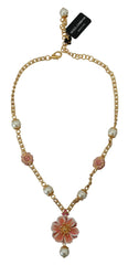 Dolce & Gabbana Gold Tone Floral Crystals Pink Embellished Necklace - Necklaces