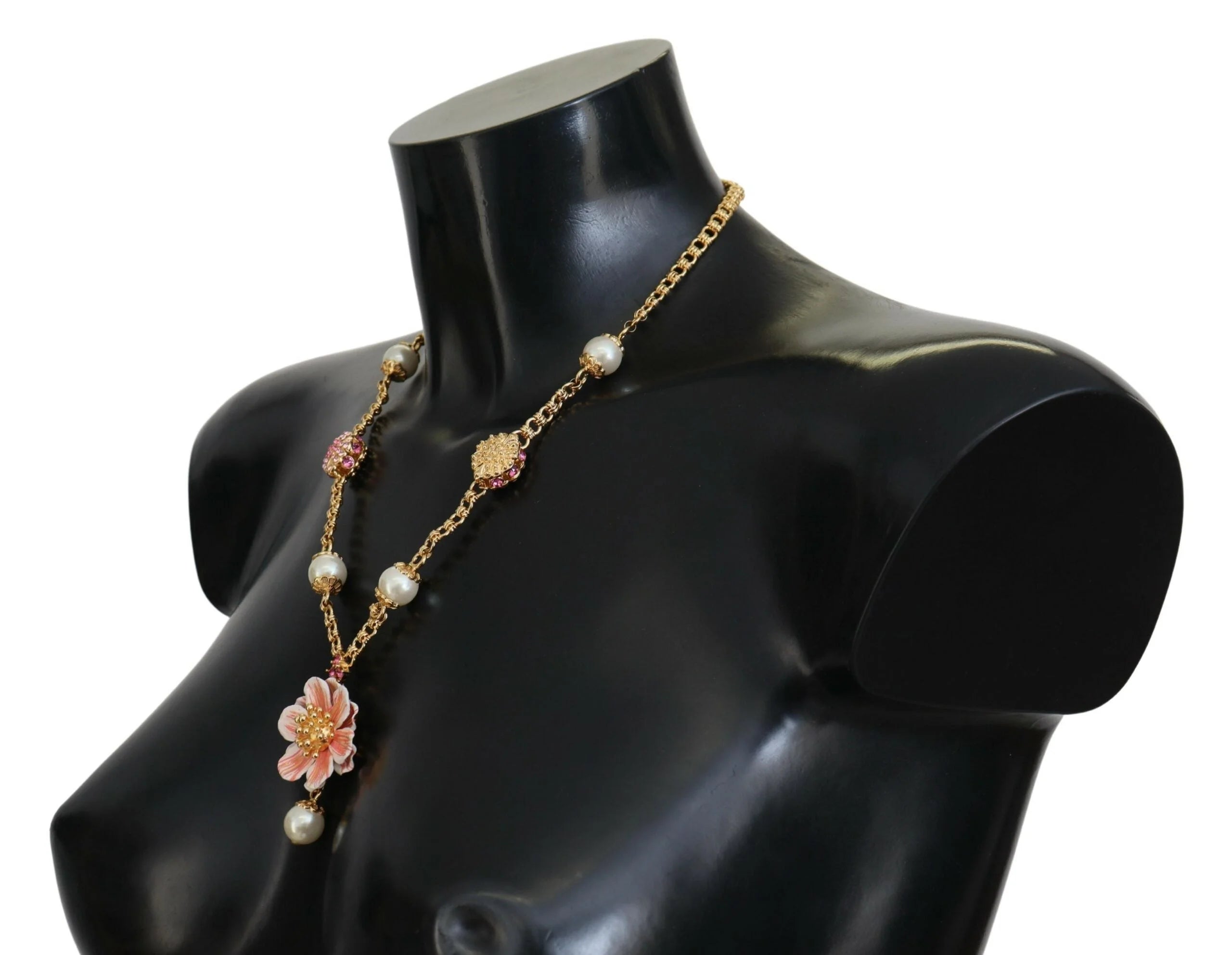 Dolce & Gabbana Gold Tone Floral Crystals Pink Embellished Necklace - Necklaces