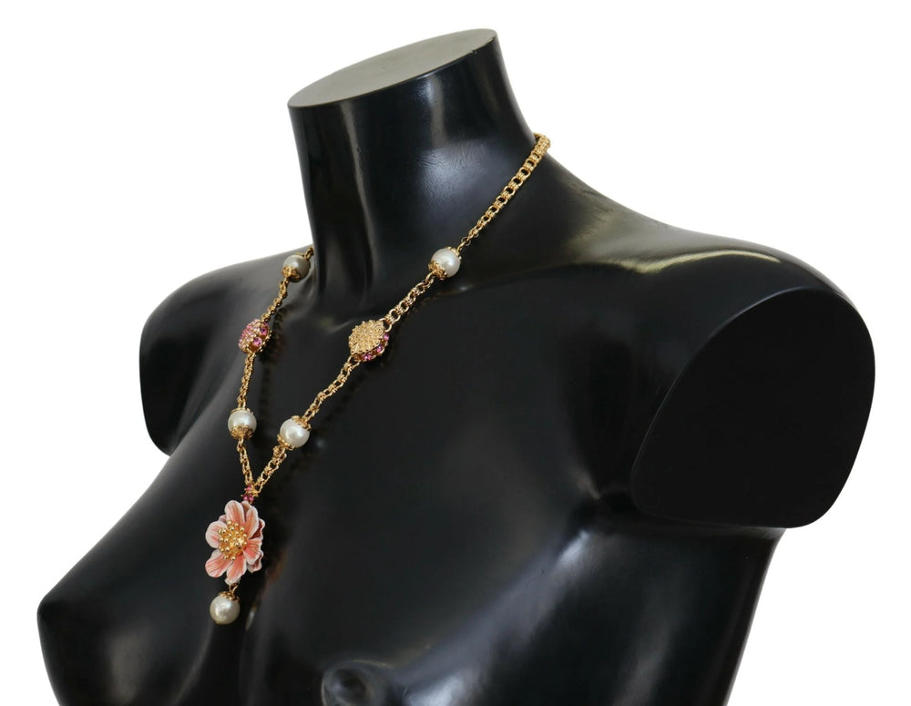 Dolce & Gabbana Gold Tone Floral Crystals Pink Embellished Necklace - Necklaces