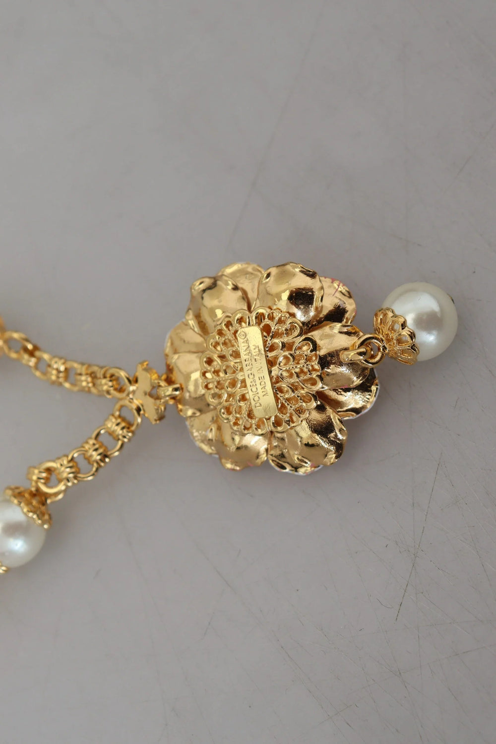 Dolce & Gabbana Gold Tone Floral Crystals Pink Embellished Necklace