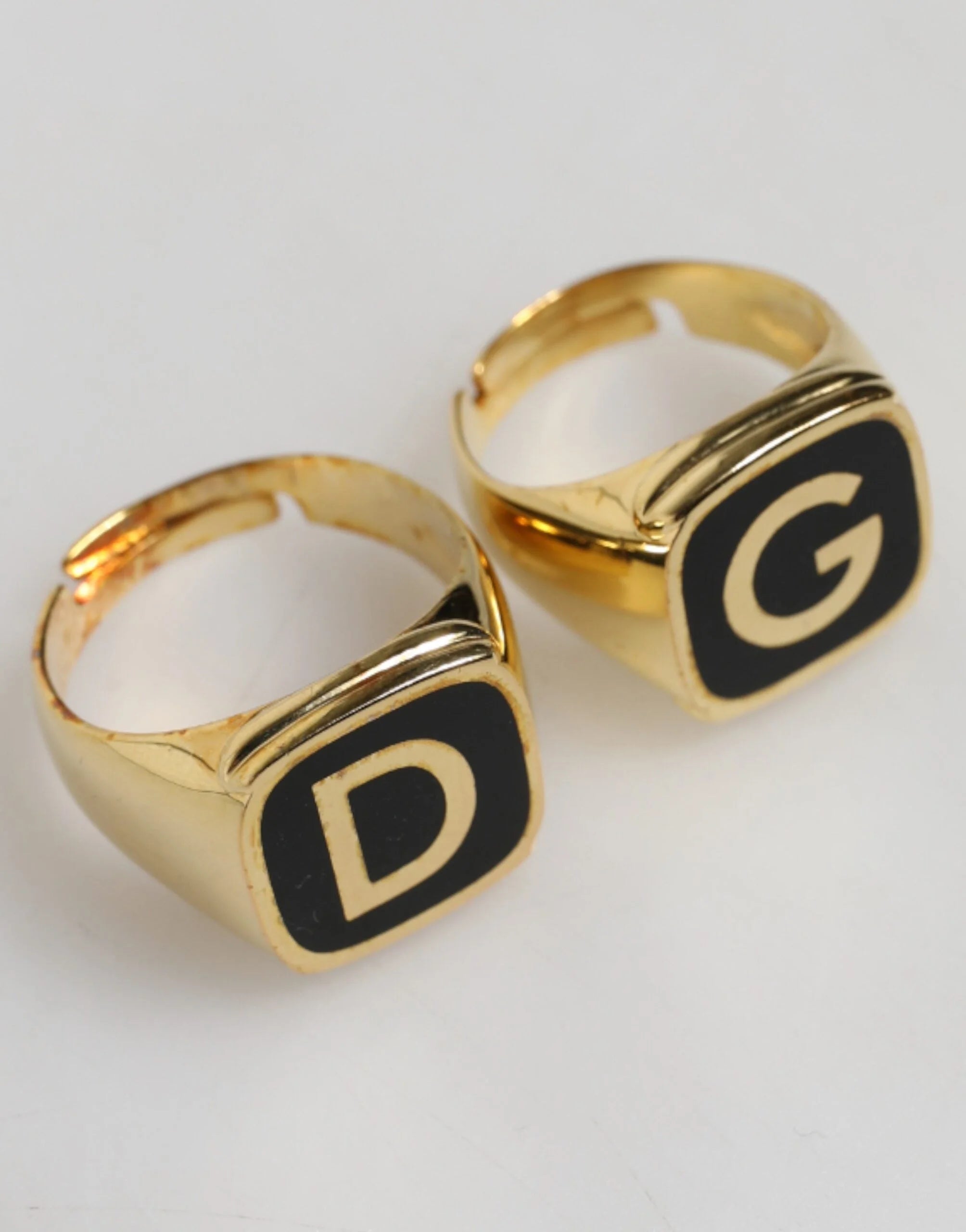 Dolce & Gabbana Gold-Tone Real Brass Black Enamel ’DG’ Adjustable Rings
