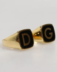 Dolce & Gabbana Gold-Tone Real Brass Black Enamel ’DG’ Adjustable Rings