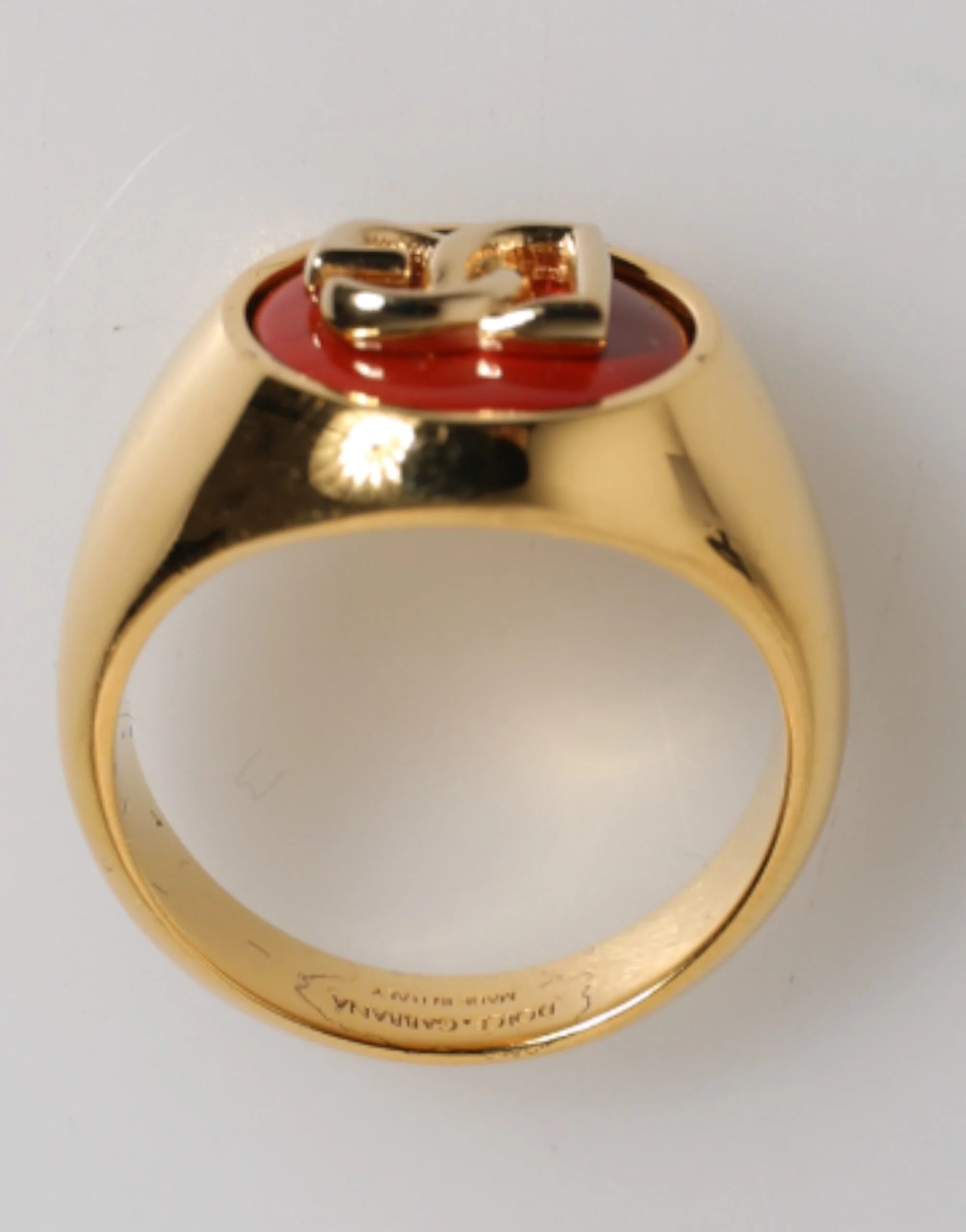 Dolce & Gabbana Gold Tone Real Brass Red DG Logo Men Ring - EU58 | US9 - Rings