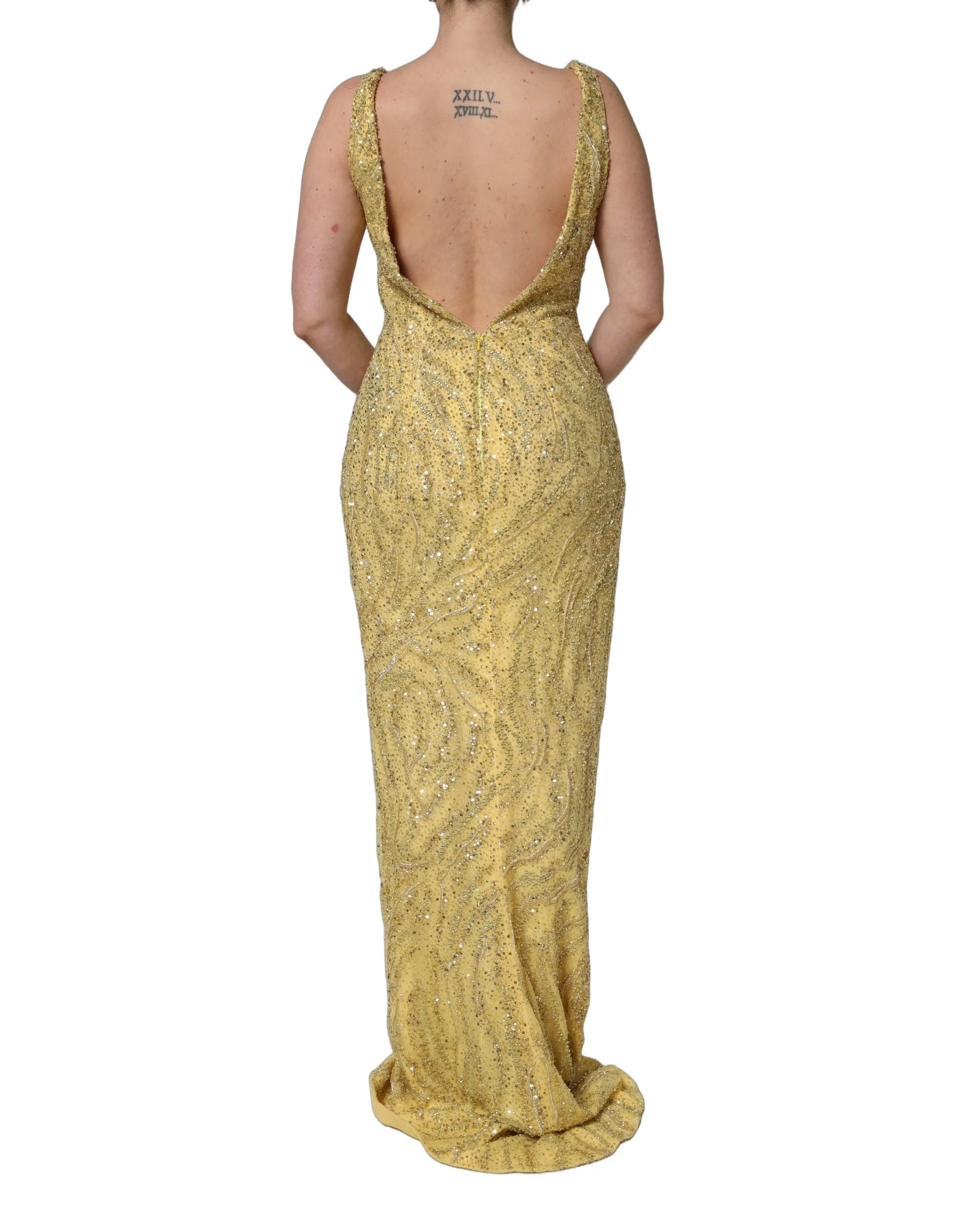Dolce & Gabbana Gold V-neckline Mermaid Sequinned Gown Dress - IT40|S