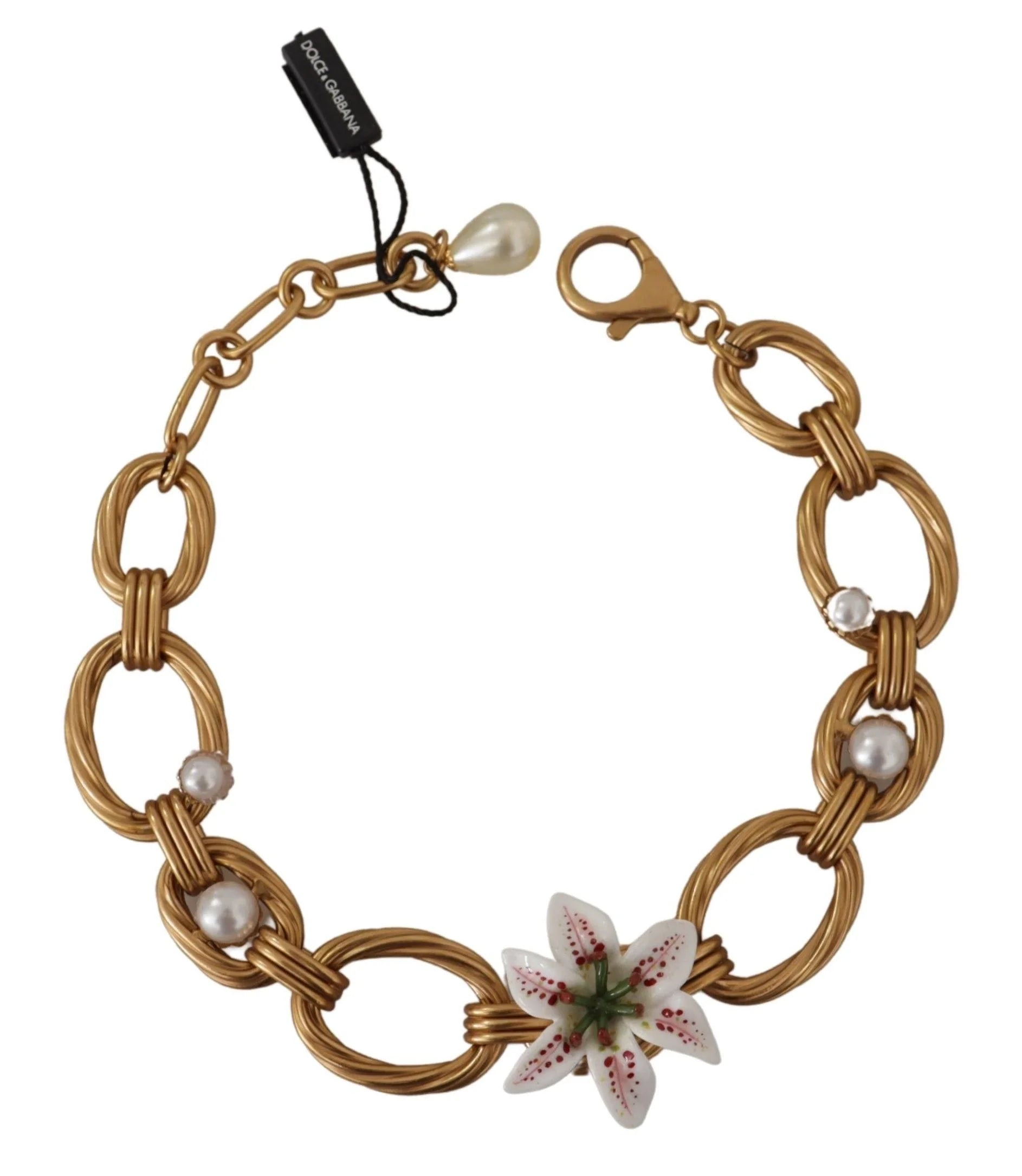 Dolce & Gabbana Gold White Lily Floral Chain Statement Necklace - Necklaces