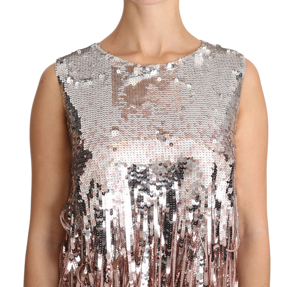 Dolce & Gabbana Golden Pink Sequined Fringe Tank Top - Tank Tops