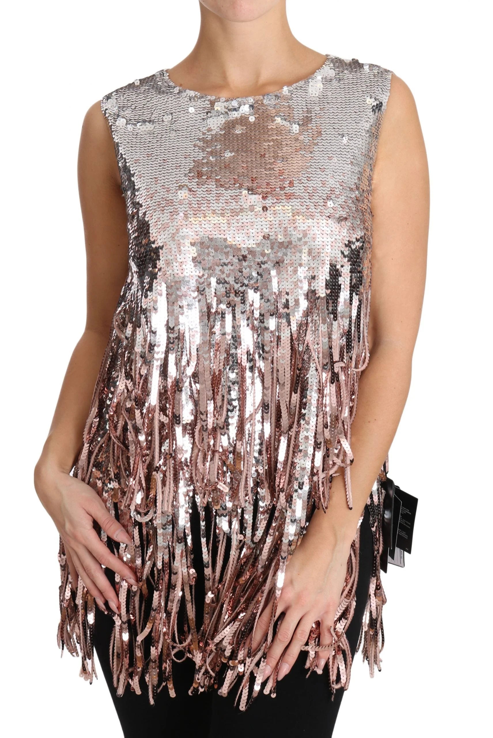 Dolce & Gabbana Golden Pink Sequined Fringe Tank Top - Tank Tops