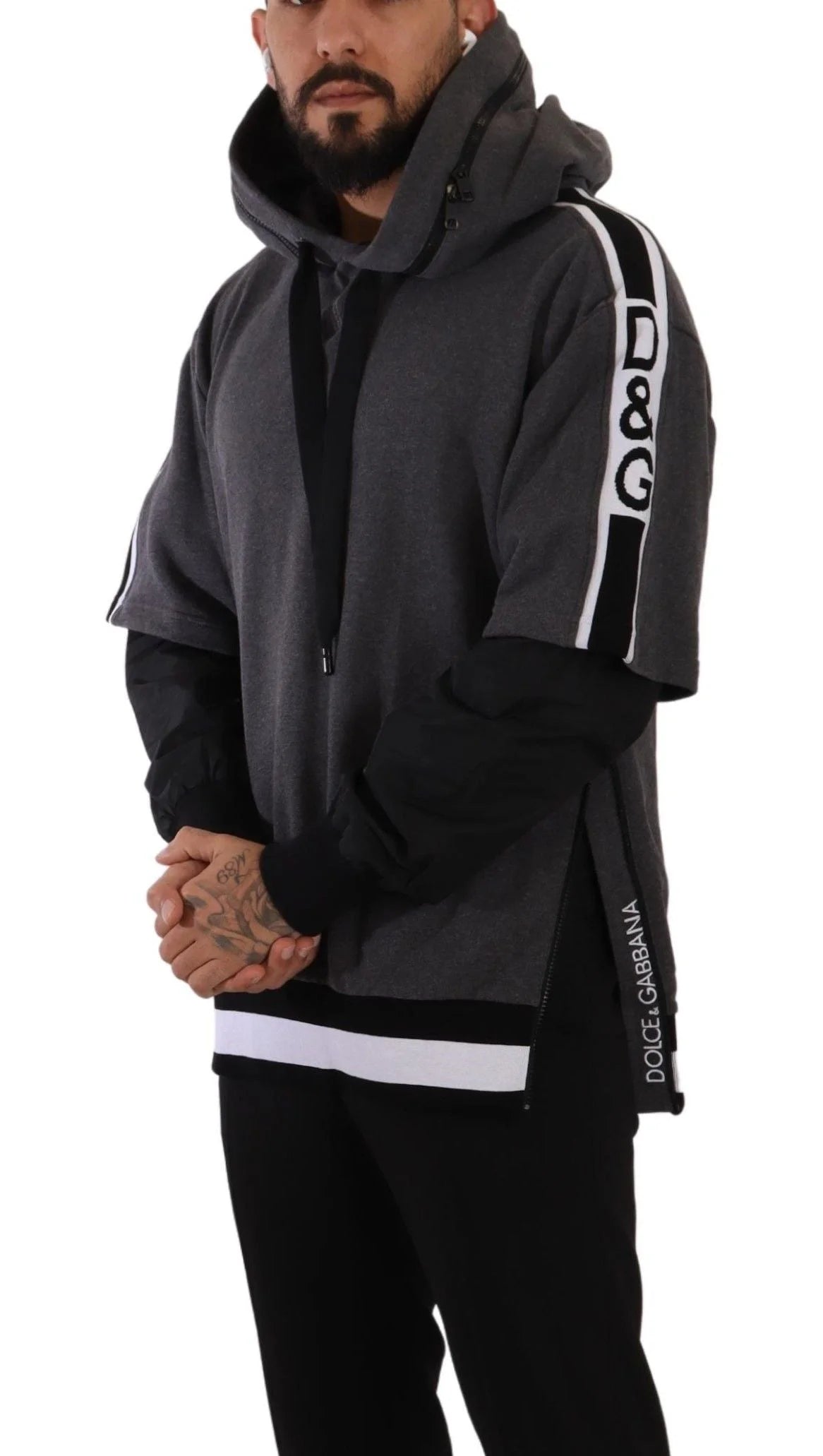 Dolce & Gabbana Gray Black Cotton Hooded #DGMILLENNIALS Sweater - IT46 | S - Hoodies