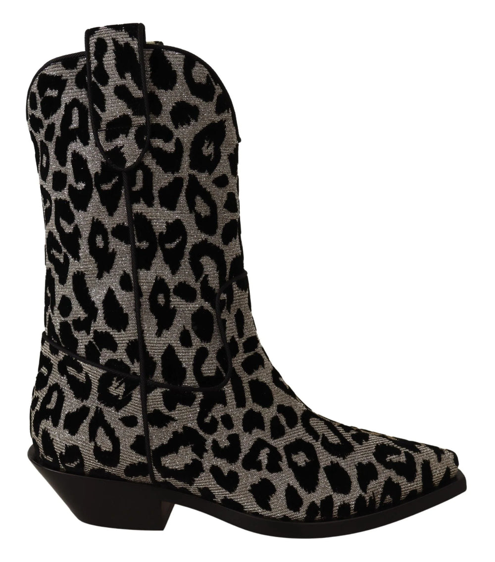 Dolce & Gabbana Gray Black Leopard Cowboy Boots Shoes - EU37/US6.5