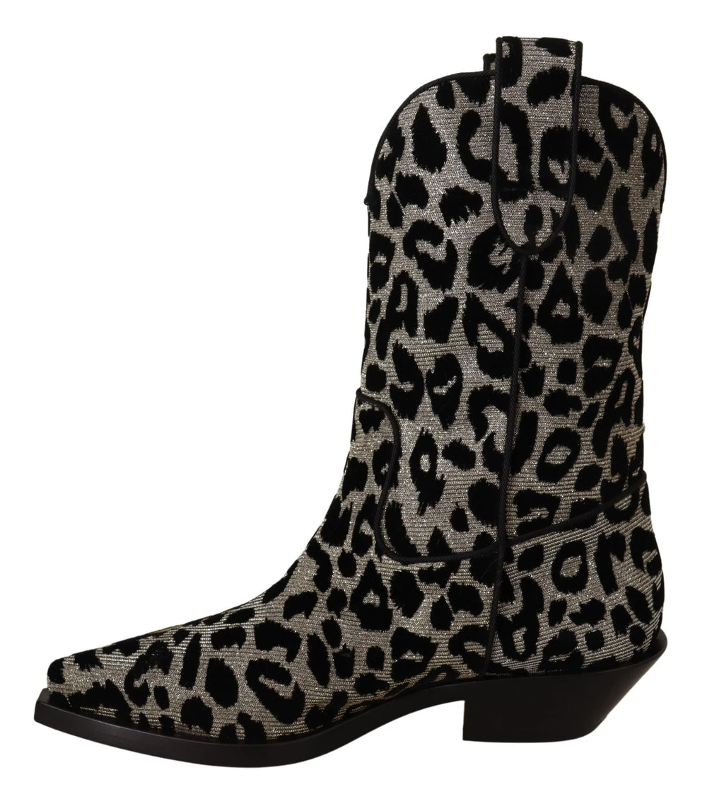 Dolce & Gabbana Gray Black Leopard Cowboy Boots Shoes - EU37/US6.5