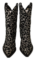 Dolce & Gabbana Gray Black Leopard Cowboy Boots Shoes - EU37/US6.5