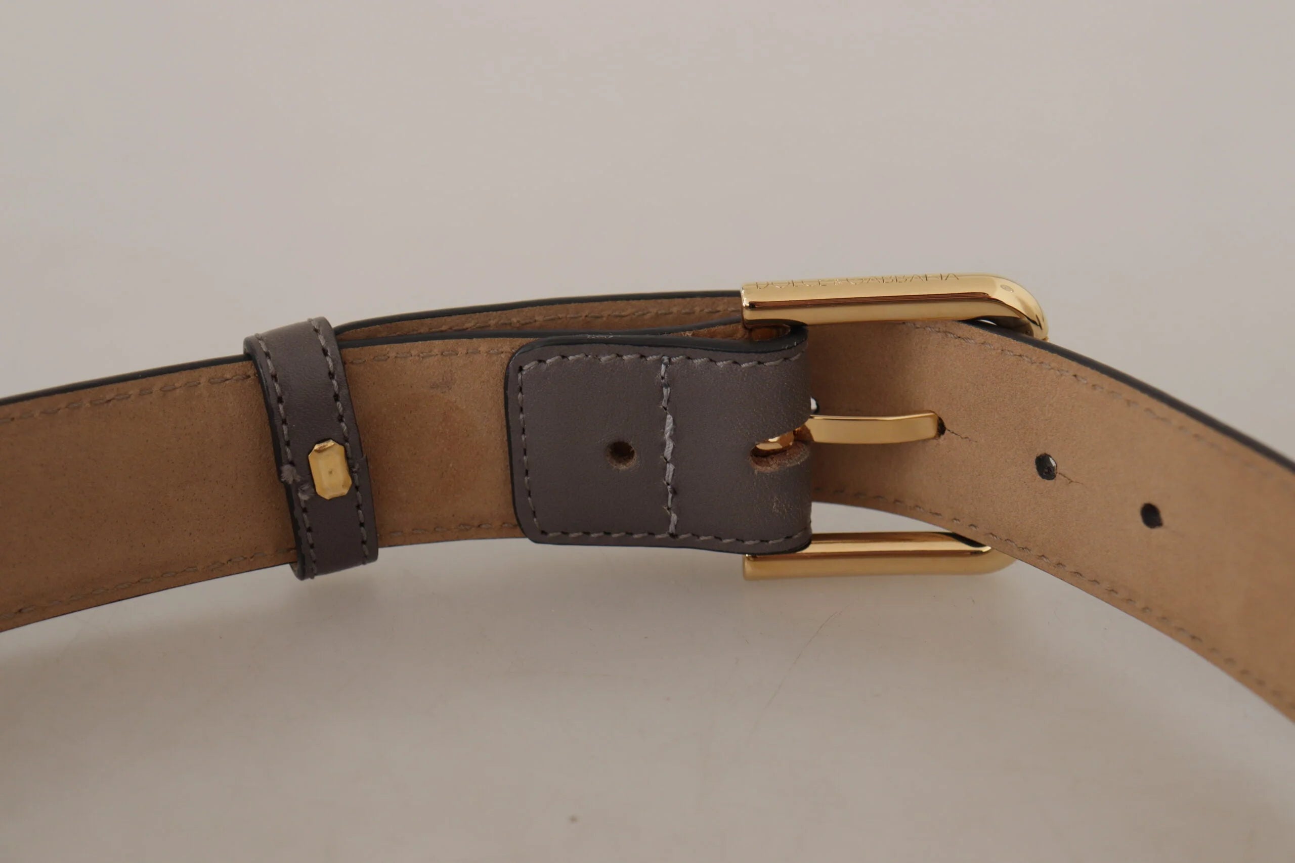 Dolce & Gabbana Gray Calfskin Leather Gold Metal Logo Buckle Belt - 70 cm / 28 Inches - Belts