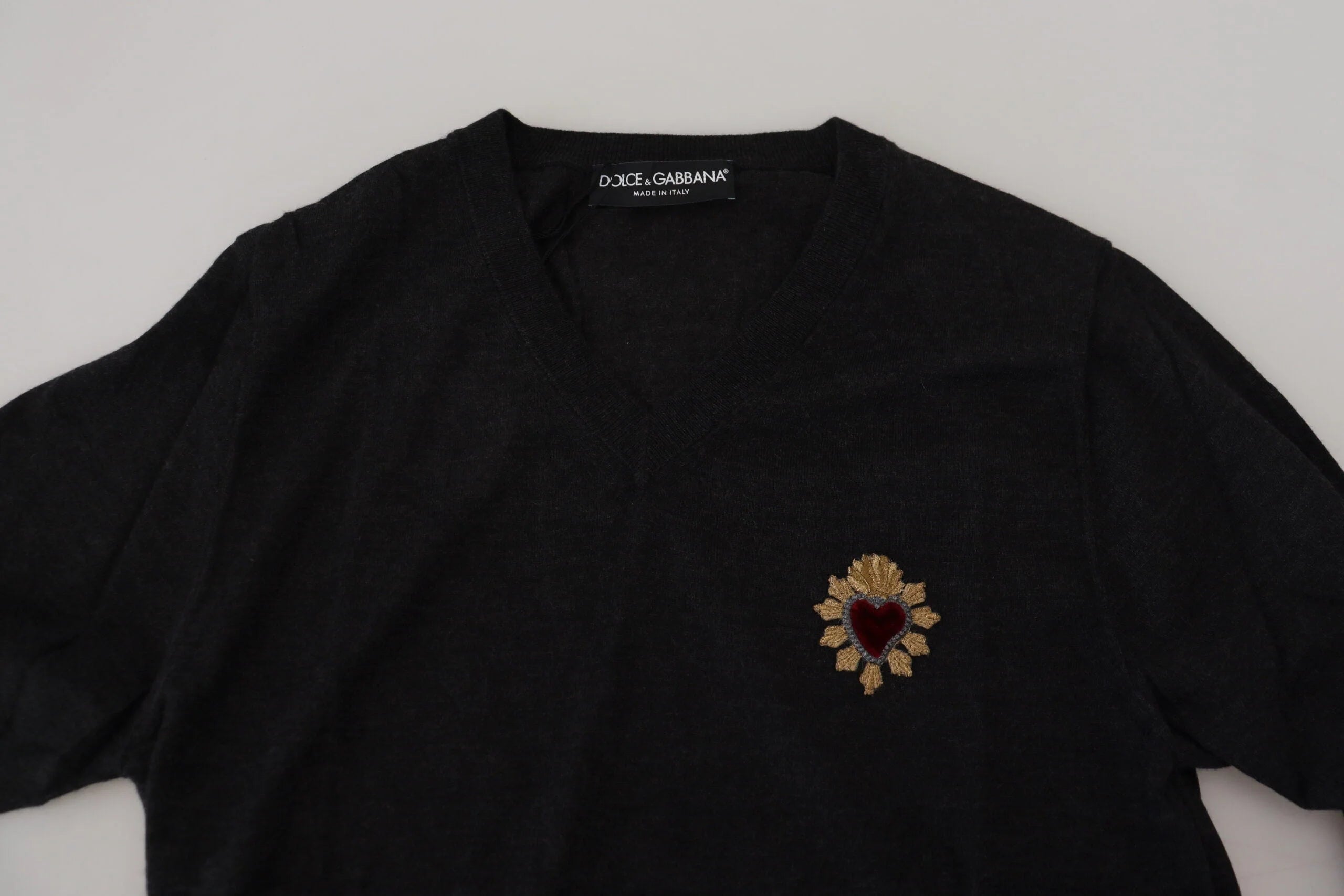 Dolce & Gabbana Gray Cashmere V-neck Gold Heart Sweater - IT44 | XS - Sweaters
