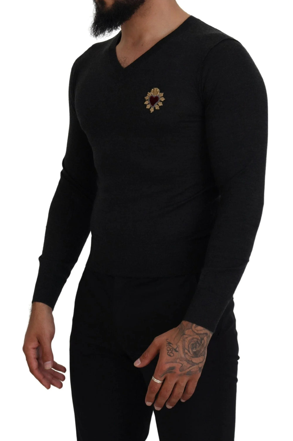 Dolce & Gabbana Gray Cashmere V-neck Gold Heart Sweater - IT44 | XS - Sweaters
