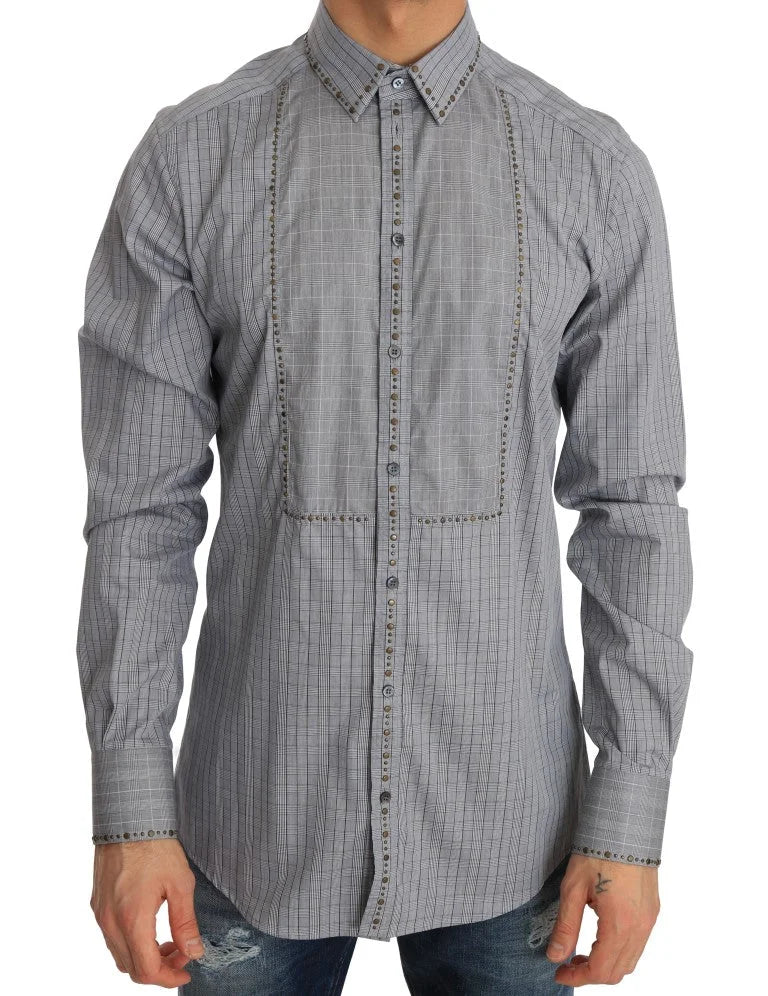 Dolce & Gabbana Gray Check GOLD Cotton Slim Fit Shirt - 40 - Shirts