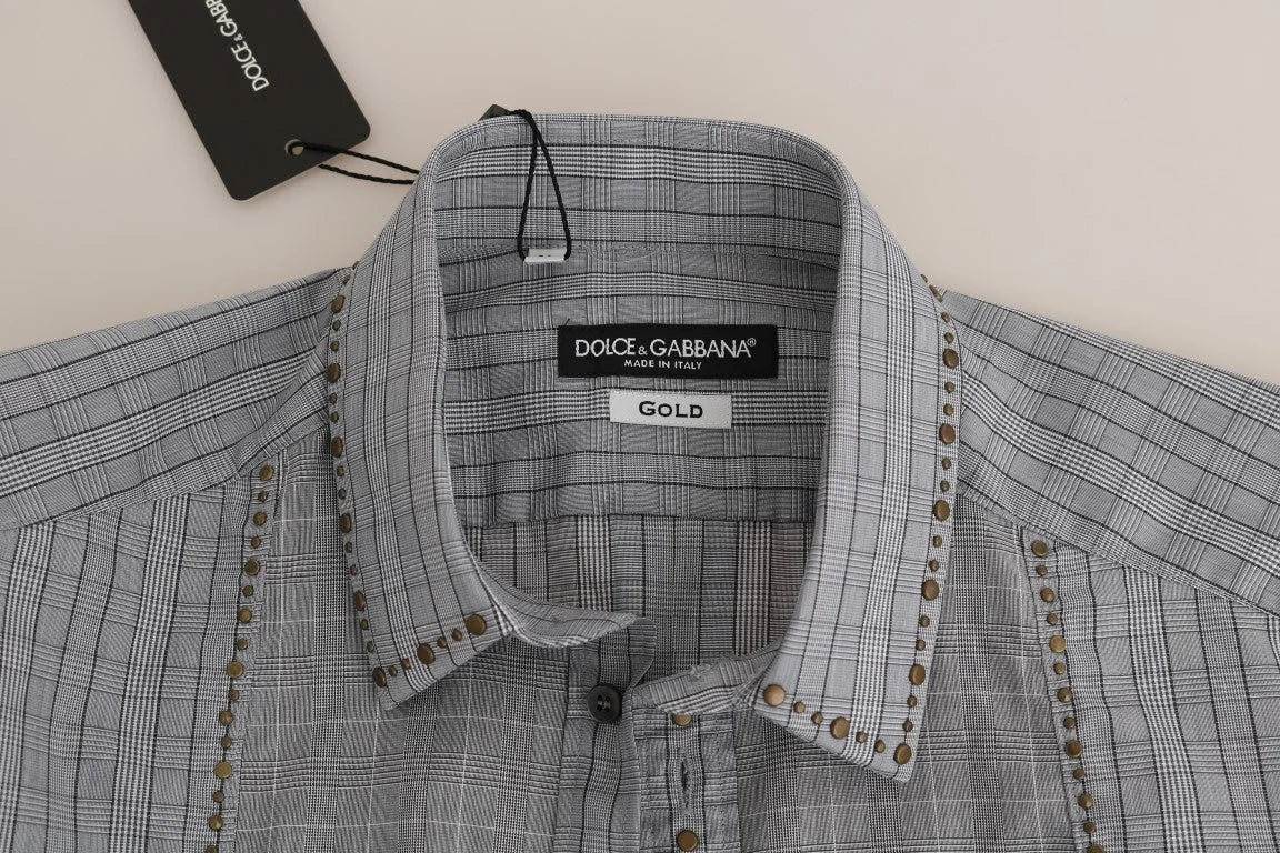 Dolce & Gabbana Gray Check GOLD Cotton Slim Fit Shirt - 40 - Shirts