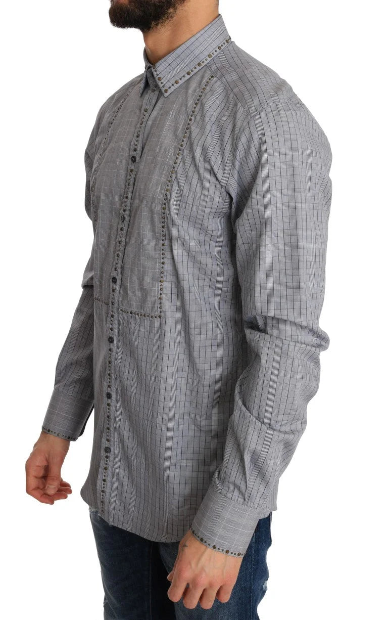 Dolce & Gabbana Gray Check GOLD Cotton Slim Fit Shirt - 40 - Shirts