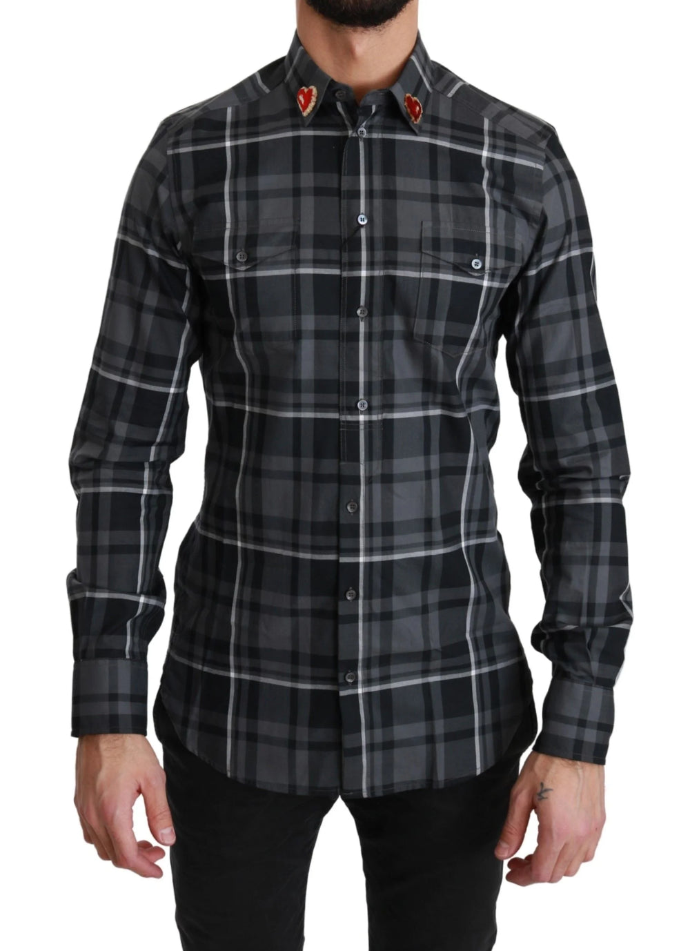 Dolce & Gabbana Gray Checkered Heart Collar MARTINI Shirt - IT37 | XS - Shirts