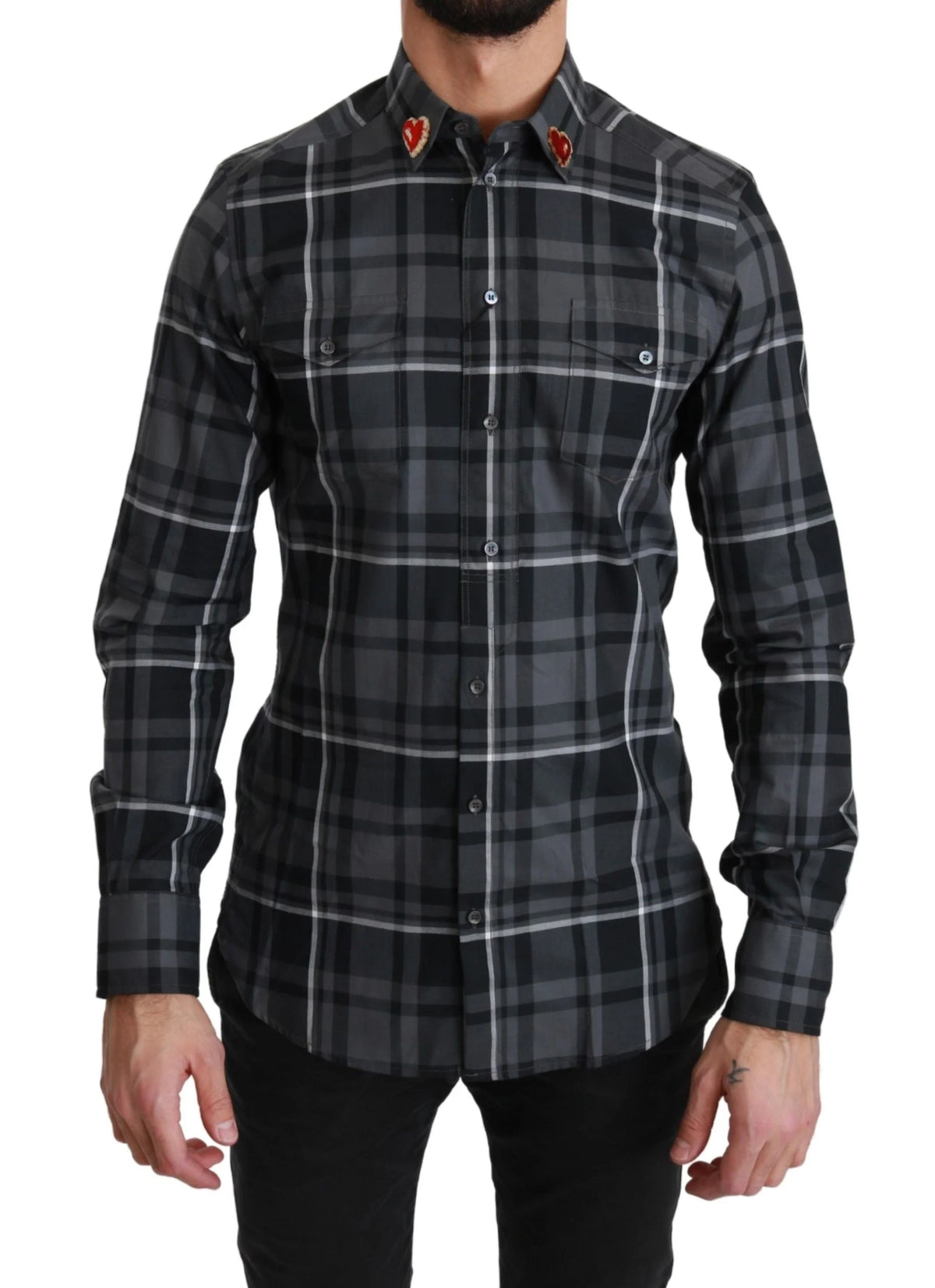 Dolce & Gabbana Gray Checkered Heart Collar MARTINI Shirt - IT37 | XS - Shirts