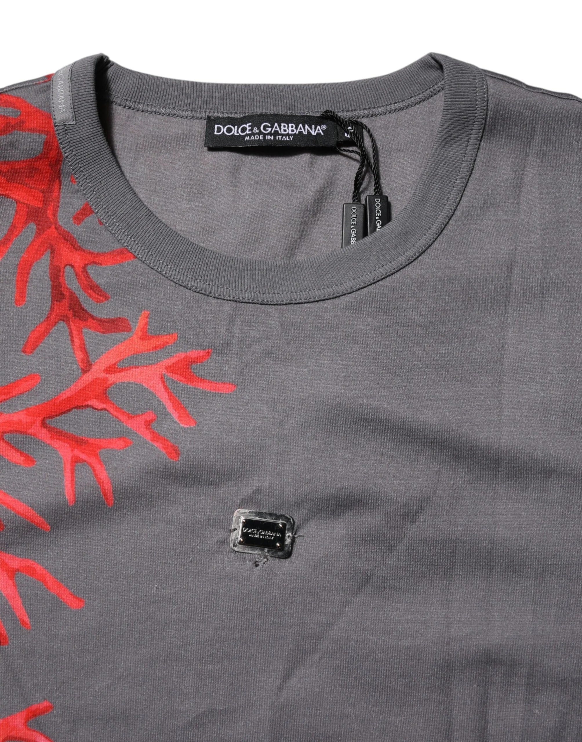 Dolce & Gabbana Gray Cotton Coral Print Logo Plaque T-shirt - IT56 | XXL