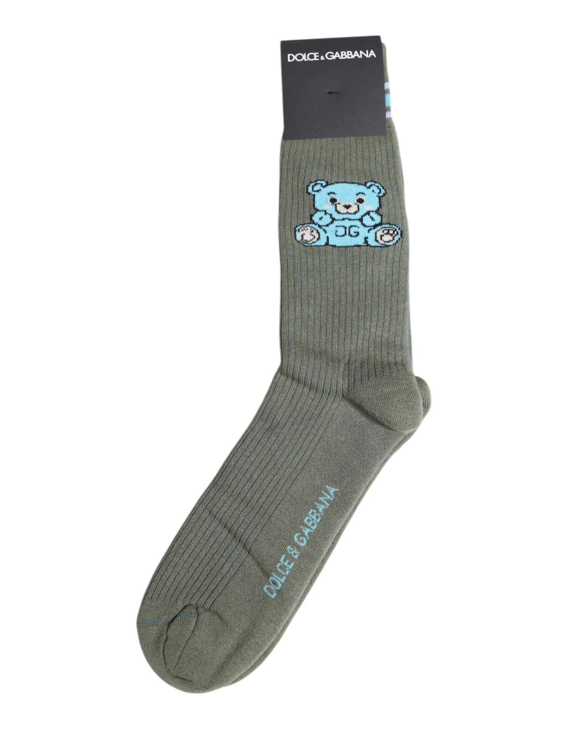 Dolce & Gabbana Gray Cotton DG Bear Mid Calf Socks - L - Crew Socks