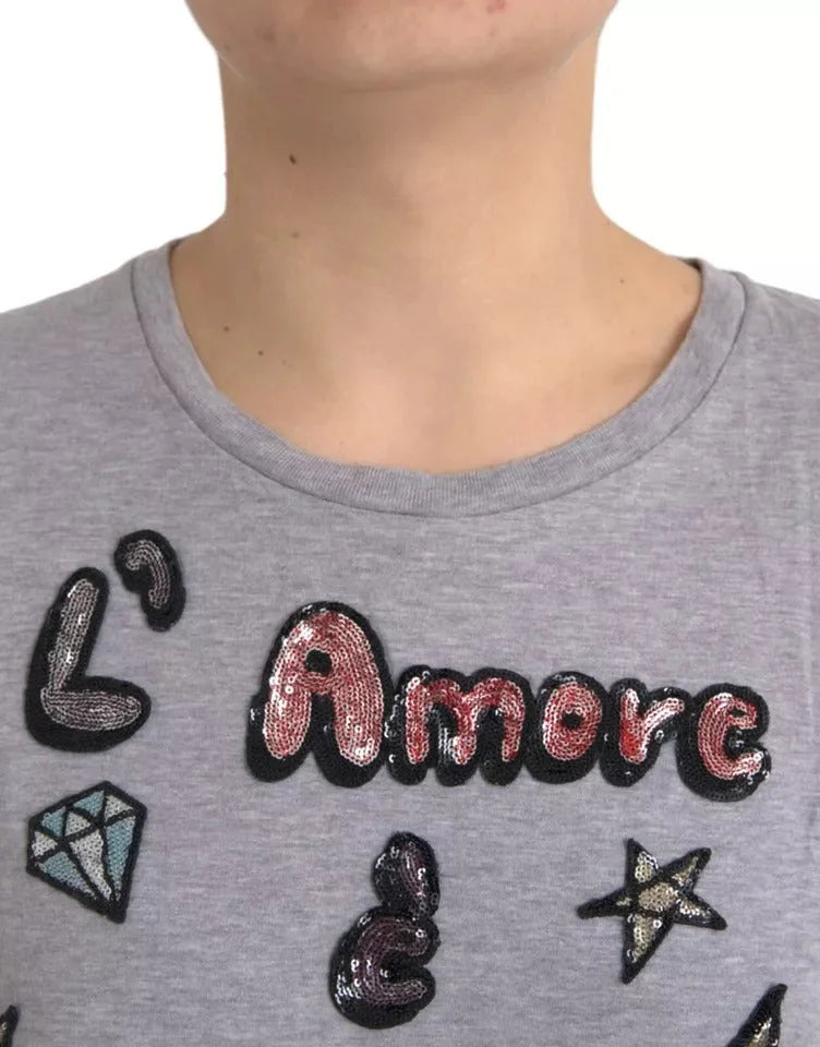 Dolce & Gabbana Gray Cotton L’Amore E’Bellezza Top T-shirt - IT38 | XS - T-Shirts