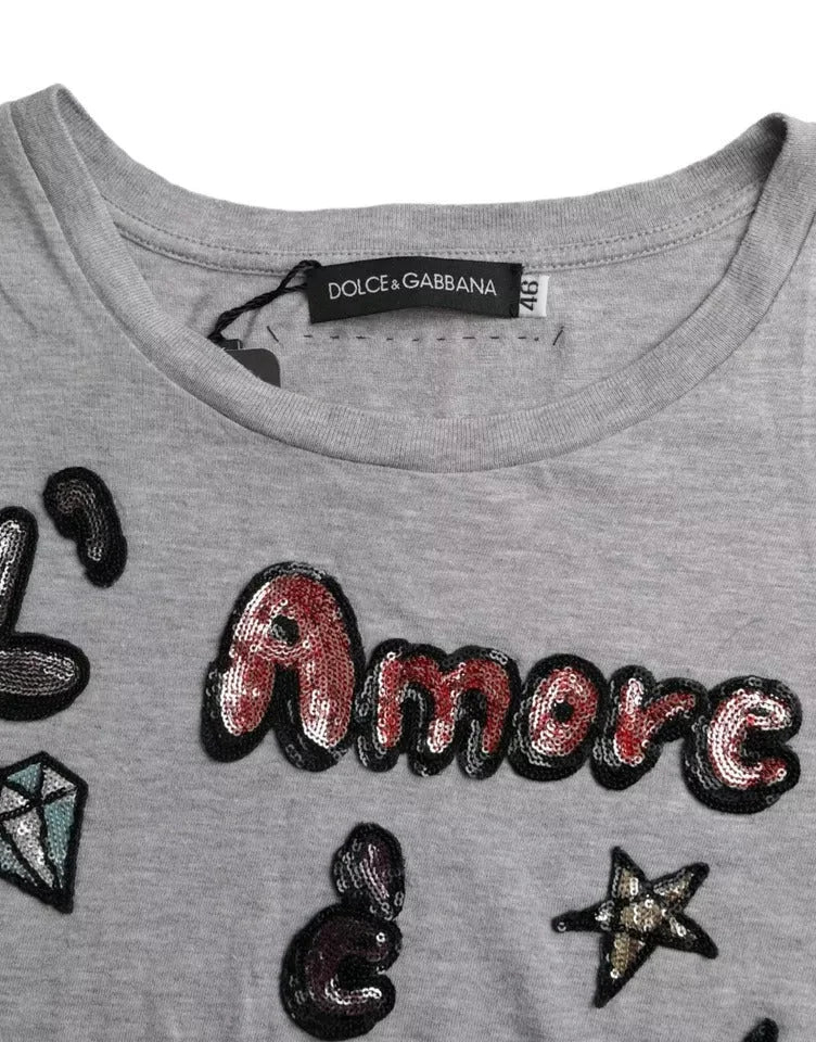 Dolce & Gabbana Gray Cotton L’Amore E’Bellezza Top T-shirt - IT38 | XS - T-Shirts