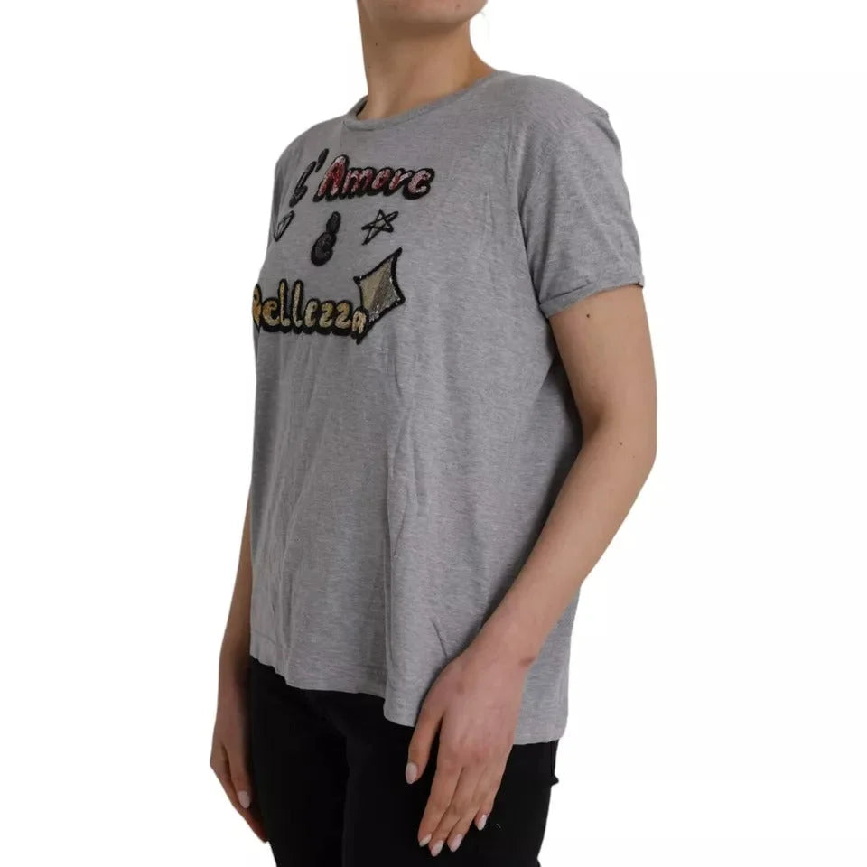 Dolce & Gabbana Gray Cotton L’Amore E’Bellezza Top T-shirt - IT38 | XS - T-Shirts