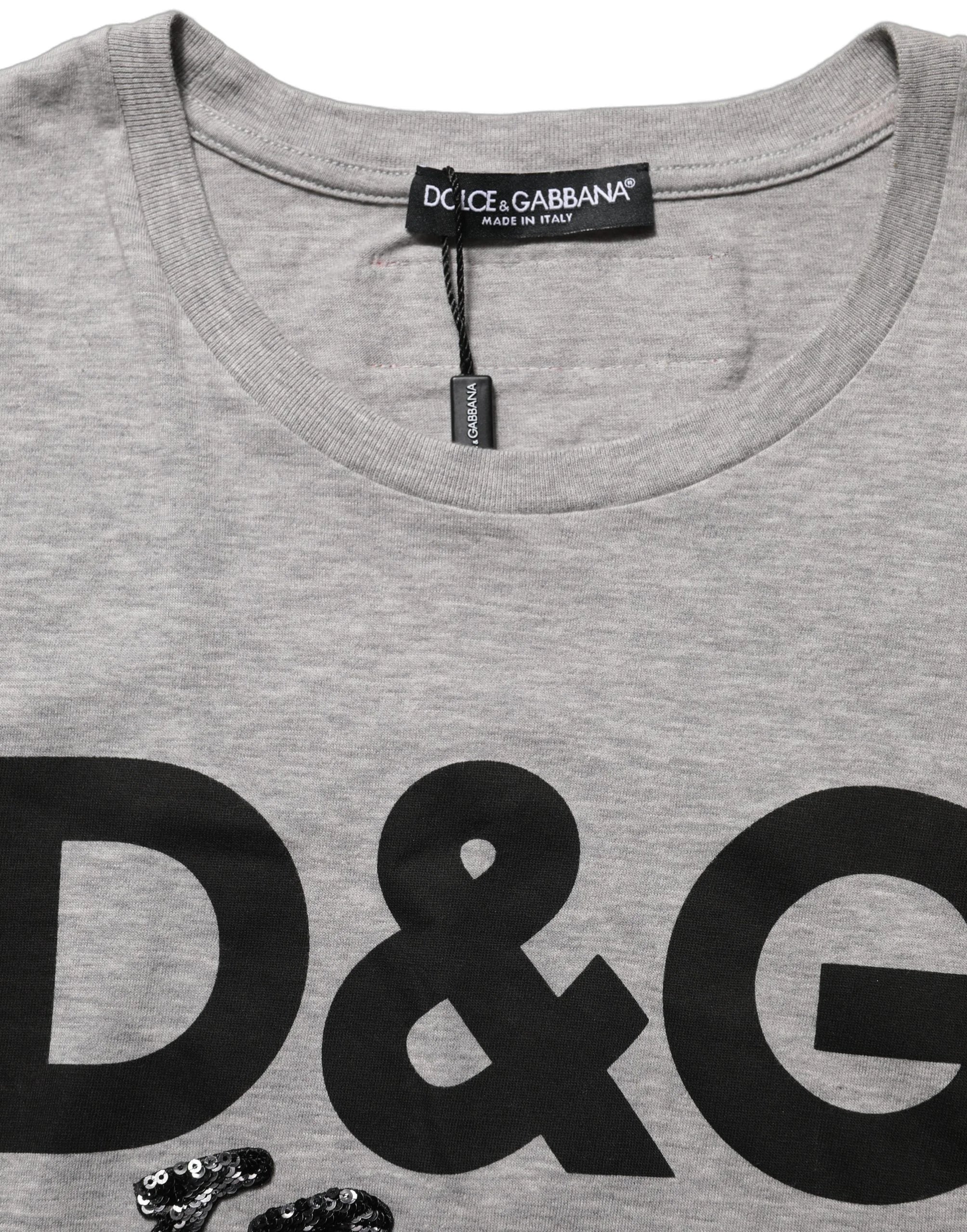 Dolce & Gabbana Gray Cotton Logo Printed Crew Neck T-shirt - IT40|S
