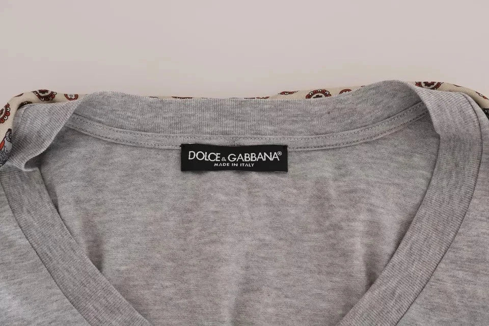 Dolce & Gabbana Gray Cotton Owl Silk Scarf Top T-shirt - IT44 | L - T-Shirts