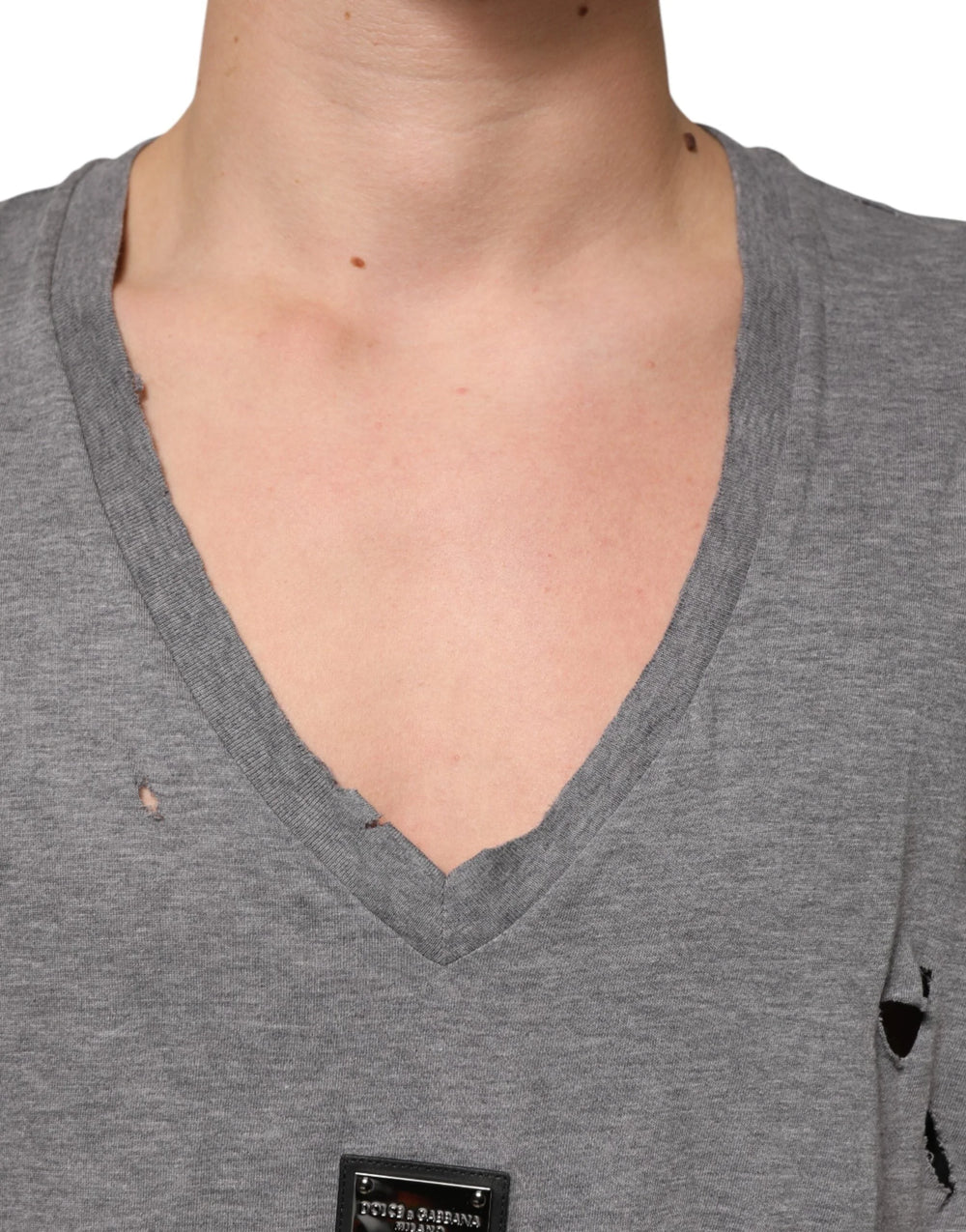 Dolce & Gabbana Gray Cotton Tattered Logo Patch Men T-shirt - IT52 | XL - T-Shirts