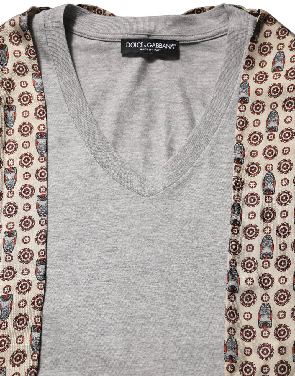Dolce & Gabbana Gray Cotton V-neck Owl Silk Scarf Top T-shirt