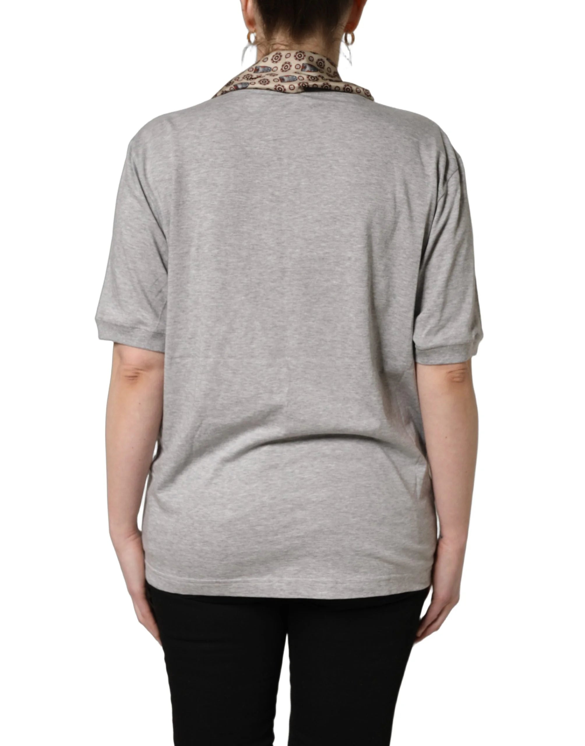 Dolce & Gabbana Gray Cotton V-neck Owl Silk Scarf Top T-shirt
