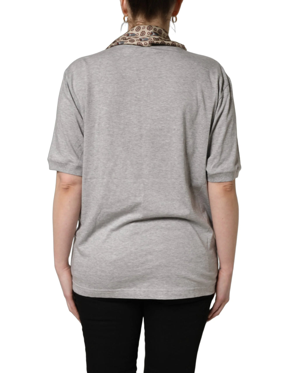 Dolce & Gabbana Gray Cotton V-neck Owl Silk Scarf Top T-shirt